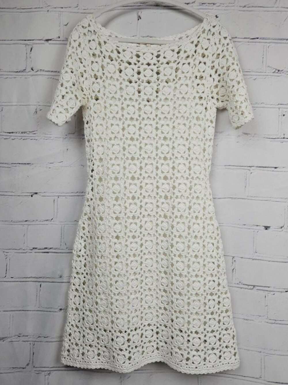 Rebecca Taylor White Cream Ivory Crochet Short Sleeve Dress Womens S Knee Length